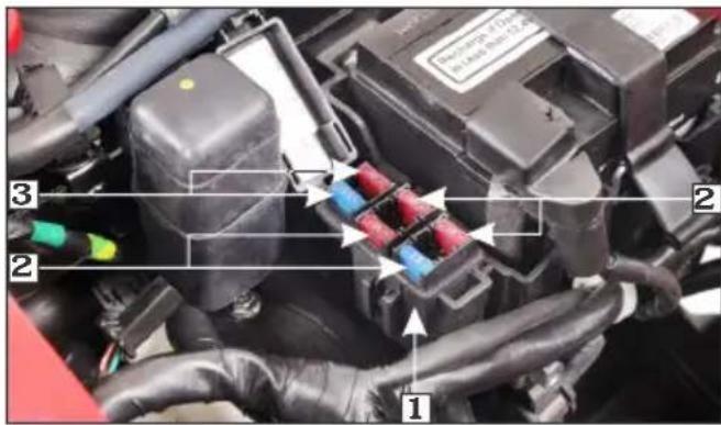 Labeled diagram of a car engine showing components numbered 1 to 3 with colored connectors and wiring.