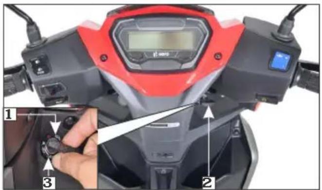 Labeled photo of a red and black motorcycle front bumper with control panel, showing interior details and adjustment buttons.