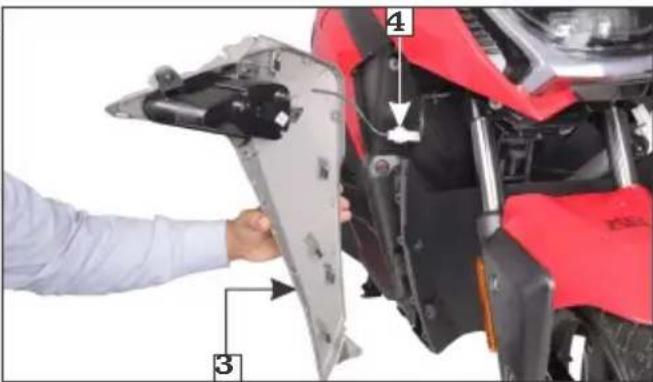 Instructional diagram showing a person installing components on a red motorcycle, labeled with parts 3 and 4.