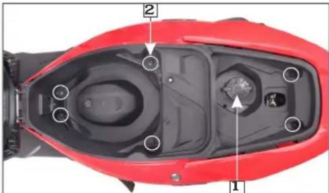 Top-down diagram of a red motorcycle body with numbered annotations pointing to internal compartments and parts.