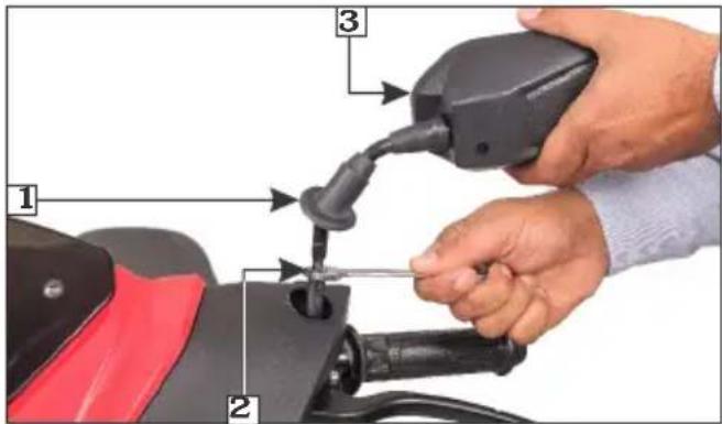 Instructional diagram showing a hand using a handheld device to adjust or install a component, labeled with parts 1, 2, and 3.