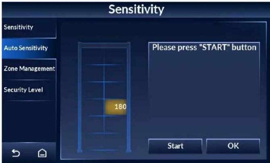 Sensitivity Sensitivity Auto Sensitivity Zone Management Security Level 180 Please press "START" button Start OK