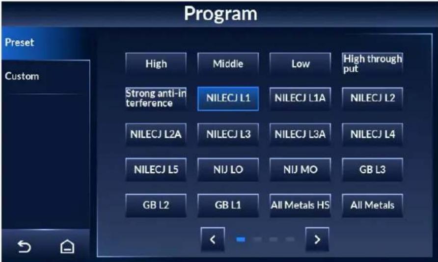 Program Preset Custom High Middle Low High through put Strong anti-in terference NILECJ L1 NILECJ L1A NILECJ L2 NILECJ L2A NILECJ L3 NILECJ L3A NILECJ L4 NILECJ L5 NIJ LO NIJ MO GB L3 GB L2 GB L1 All Metals HS All Metals
