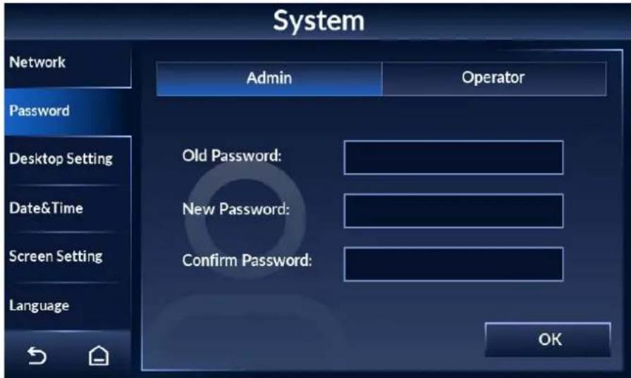 System Network Password Desktop Setting Date&Time Screen Setting Language Admin Operator Old Password: New Password: Confirm Password: OK