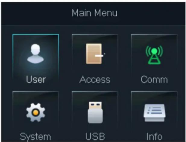 Main Menu User Access Comm System USB Info