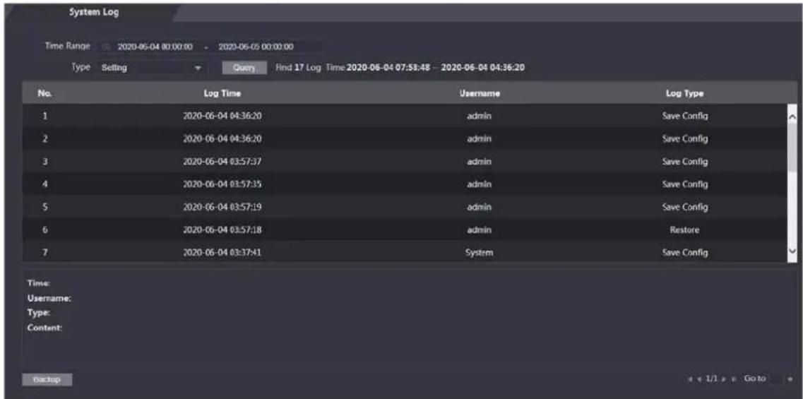 System Log Time Range: 2020-06-04 00:00:00 - 2020-06-05 00:00:00 Type Setting Query Find 17 Log Time 2020-06-04 07:58:48 - 2020-06-04 04:36:20 No. Log Time Username Log Type 1 2020-06-04 04:36:20 admin Save Config 2 2020-06-04 04:36:20 admin Save Config 3 2020-06-04 03:57:37 admin Save Config 4 2020-06-04 01:57:35 admin Save Config 5 2020-06-04 03:57:19 admin Save Config 6 2020-06-04 03:57:18 admin Restore 7 2020-06-04 03:37:41 System Save Config Time: Username: Type: Content: Backup
