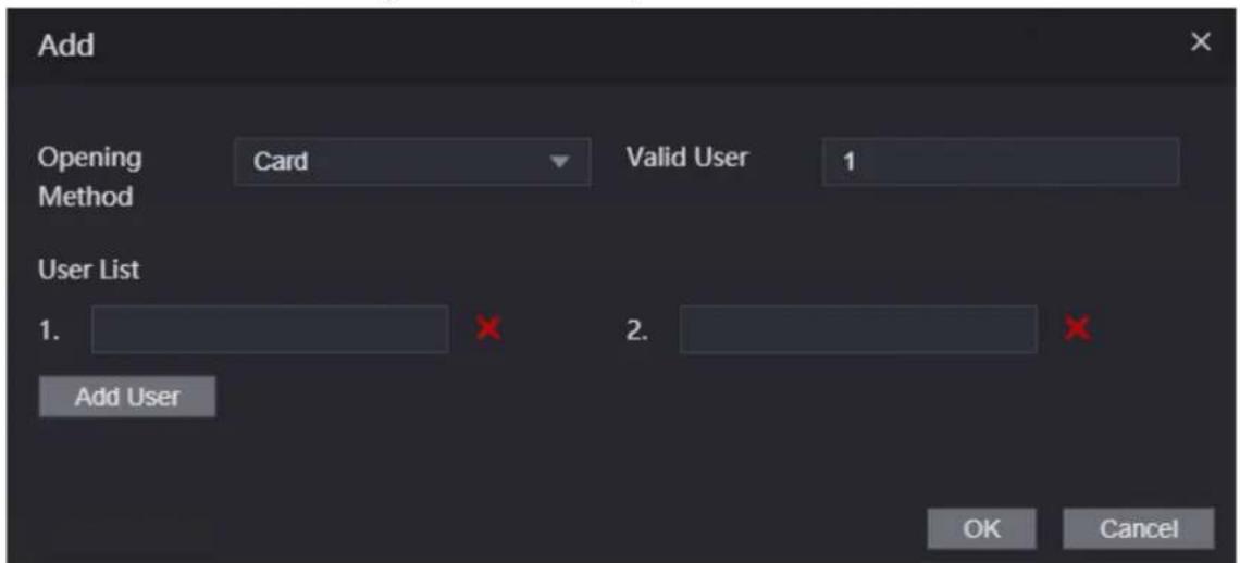 Add Opening Card Valid User 1 Method User List 1. × 2. × Add User OK Cancel