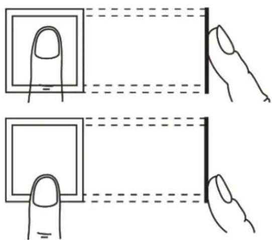 Diagram illustrating finger positioning and alignment of a rectangular object with dashed lines indicating measurement or alignment.
