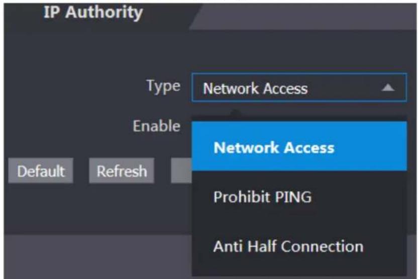 IP Authority Type Network Access Enable Default Refresh Network Access Prohibit PING Anti Half Connection
