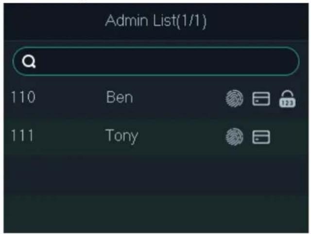 Admin List(1/1) 110 Ben 111 Tony