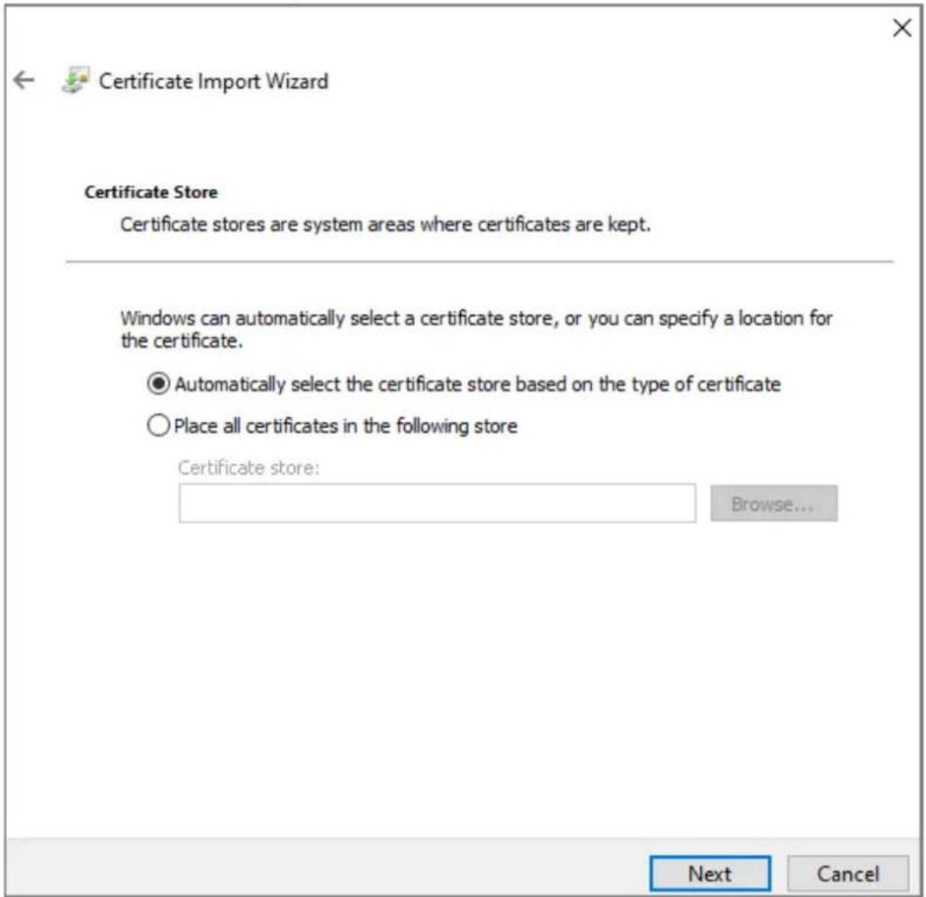 Certificate Import Wizard Certificate Store Certificate stores are system areas where certificates are kept. Windows can automatically select a certificate store, or you can specify a location for the certificate. ● Automatically select the certificate store based on the type of certificate ○ Place all certificates in the following store Certificate store: Browse...