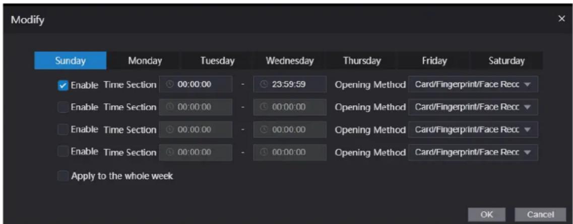 Modify Sunday Monday Tuesday Wednesday Thursday Friday Saturday Enable Time Section 00:00:00 - 23:59:59 Opening Method Card/Fingerprint/Face Recc Enable Time Section 00:00:00 - 00:00:00 Opening Method Card/Fingerprint/Face Recc Enable Time Section 00:00:00 - 00:00:00 Opening Method Card/Fingerprint/Face Recc Enable Time Section 00:00:00 - 00:00:00 Opening Method Card/Fingerprint/Face Recc Apply to the whole week OK Cancel