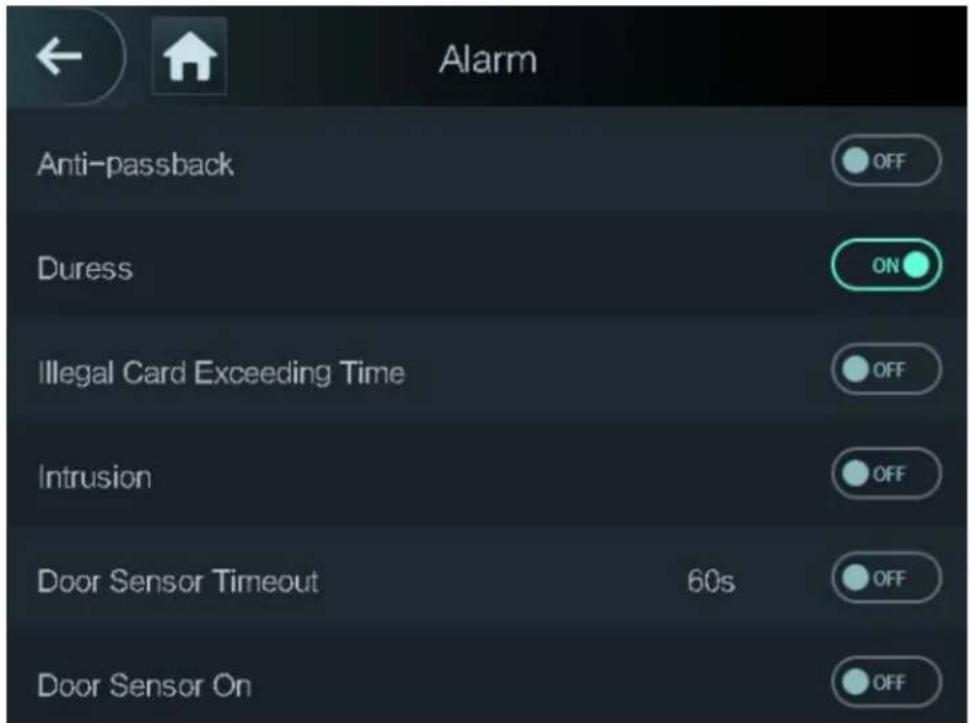 Alarm Anti-passback OFF Duress ON Illegal Card Exceeding Time OFF Intrusion OFF Door Sensor Timeout 60s OFF Door Sensor On OFF