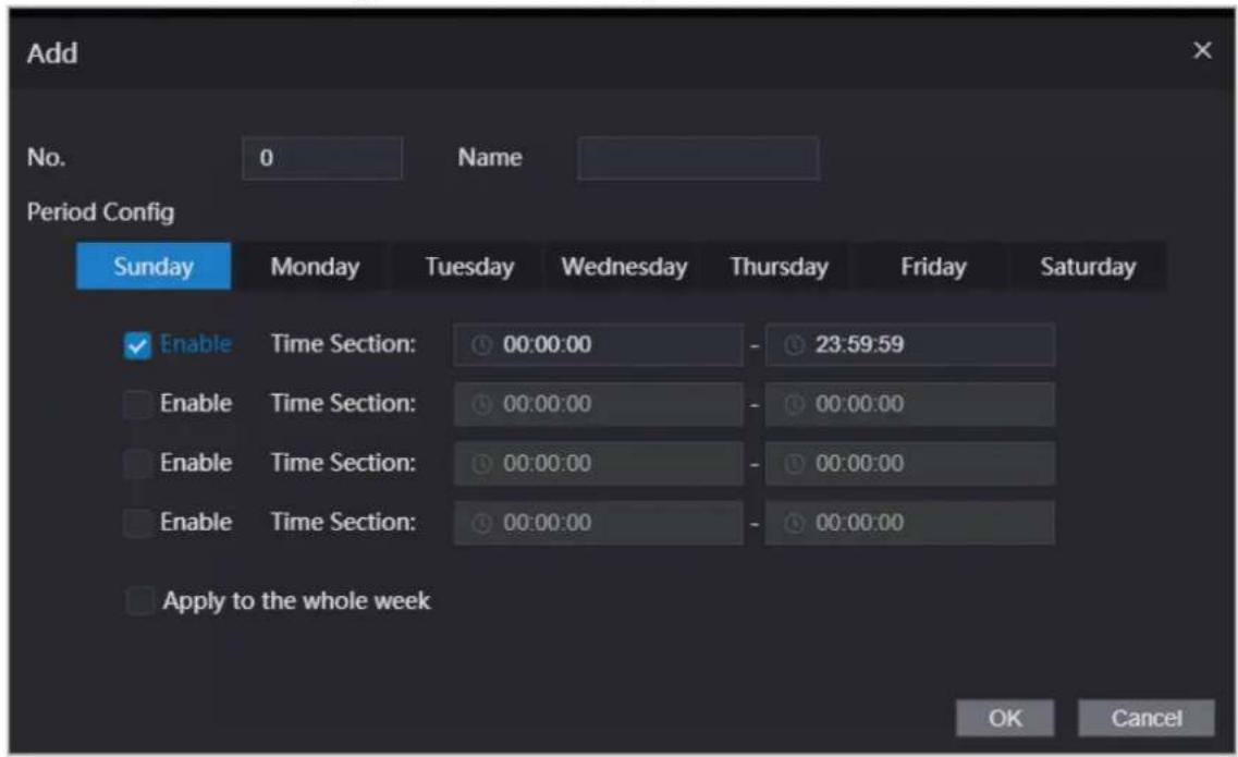 Add No. 0 Name Period Config Sunday Monday Tuesday Wednesday Thursday Friday Saturday Enable Time Section: 00:00:00 - 23:59:59 Enable Time Section: 00:00:00 - 00:00:00 Enable Time Section: 00:00:00 - 00:00:00 Enable Time Section: 00:00:00 - 00:00:00 Apply to the whole week OK Cancel