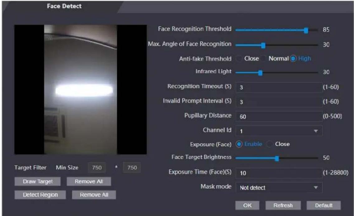 Face Detect Face Recognition Threshold 85 Max. Angle of Face Recognition 30 Anti-fake Threshold Close Normal High Infrared Light 30 Recognition Timeout (S) 3 (1-60) Invalid Prompt Interval (S) 3 (1-60) Pupillary Distance 60 (0-500) Channel Id 1 Exposure (Face) Enable Close Face Target Brightness 50 Exposure Time (Face)(S) 10 (1-28800) Mask mode Not detect OK Refresh Default Target Filter Min Size 750 * 750 Draw Target Remove All Detect Region Remove All