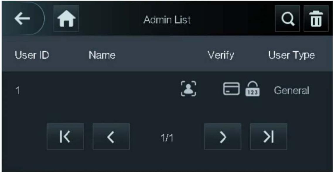 Admin List User ID Name Verify User Type 1 General K < 1/1 > >I