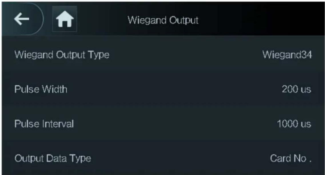 Wiegand Output Wiegand Output Type Wiegand34 Pulse Width 200 us Pulse Interval 1000 us Output Data Type Card No.