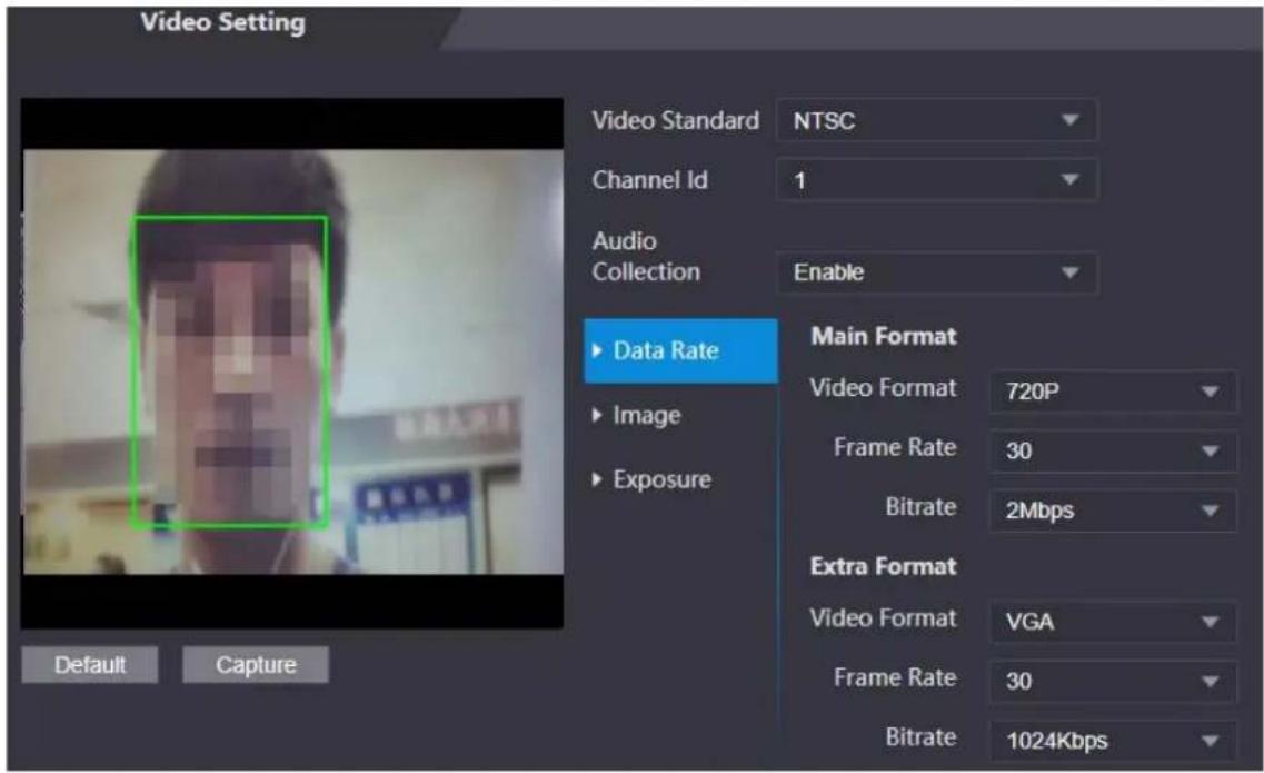 Video Setting Video Standard NTSC Channel Id 1 Audio Collection Enable Data Rate Image Exposure Main Format Video Format 720P Frame Rate 30 Bitrate 2Mbps Extra Format Video Format VGA Frame Rate 30 Bitrate 1024Kbps Default Capture