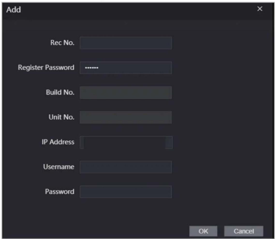 Add Rec No. Register Password ...... Build No. Unit No. IP Address Username Password OK Cancel