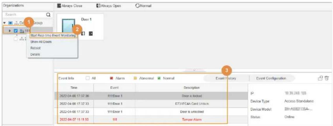 Organizations Always Close Always Open Normal Search 1 Group Start Real-time Event Monitoring Show All Doors Reboot Details Door 1 2 Event Info All Alarm Abnormal Normal Event History Event Configuration Time Event Description 2022-04-08 17:37:36 111/Door 1 Door is locked 2022-04-08 17:37:33 111/Door 1 E731FC4A Card Unlock 2022-04-08 17:37:33 111/Door 1 Door is unlocked 2022-04-07 11:11:50 111 Tamper Alarm