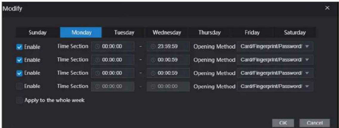 Modify Sunday Monday Tuesday Wednesday Thursday Friday Saturday Enable Time Section 00:00:00 - 23:59:59 Opening Method Card/Fingerprint/Password/ Enable_TIME Section 00:00:00 - 00:00:59 Opening Method Card/Fingerprint/Password/ Enable_TIME Section 00:00:00 - 00:00:59 Opening Method Card/Fingerprint/Password/ Enable_TIME Section 00:00:00 - 00:00:00 Opening Method Card/Fingerprint/Password/ Apply to the whole week OK Cancel