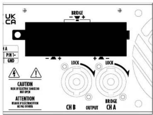UK CA A PIN 1- GND CAUTION RISK OF ELECTRIC SHOCK DO NOT OPEN ATTENTION MACHINE ELECTROSION WE PAG OUTRUN BRIDGE - + - LOCK + - LOCK CH B OUTPUT BRIDGE CH A