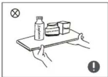 Illustration showing hands holding a tray with a bottle, boxes, and a cross symbol, with an exclamation mark and a warning icon.