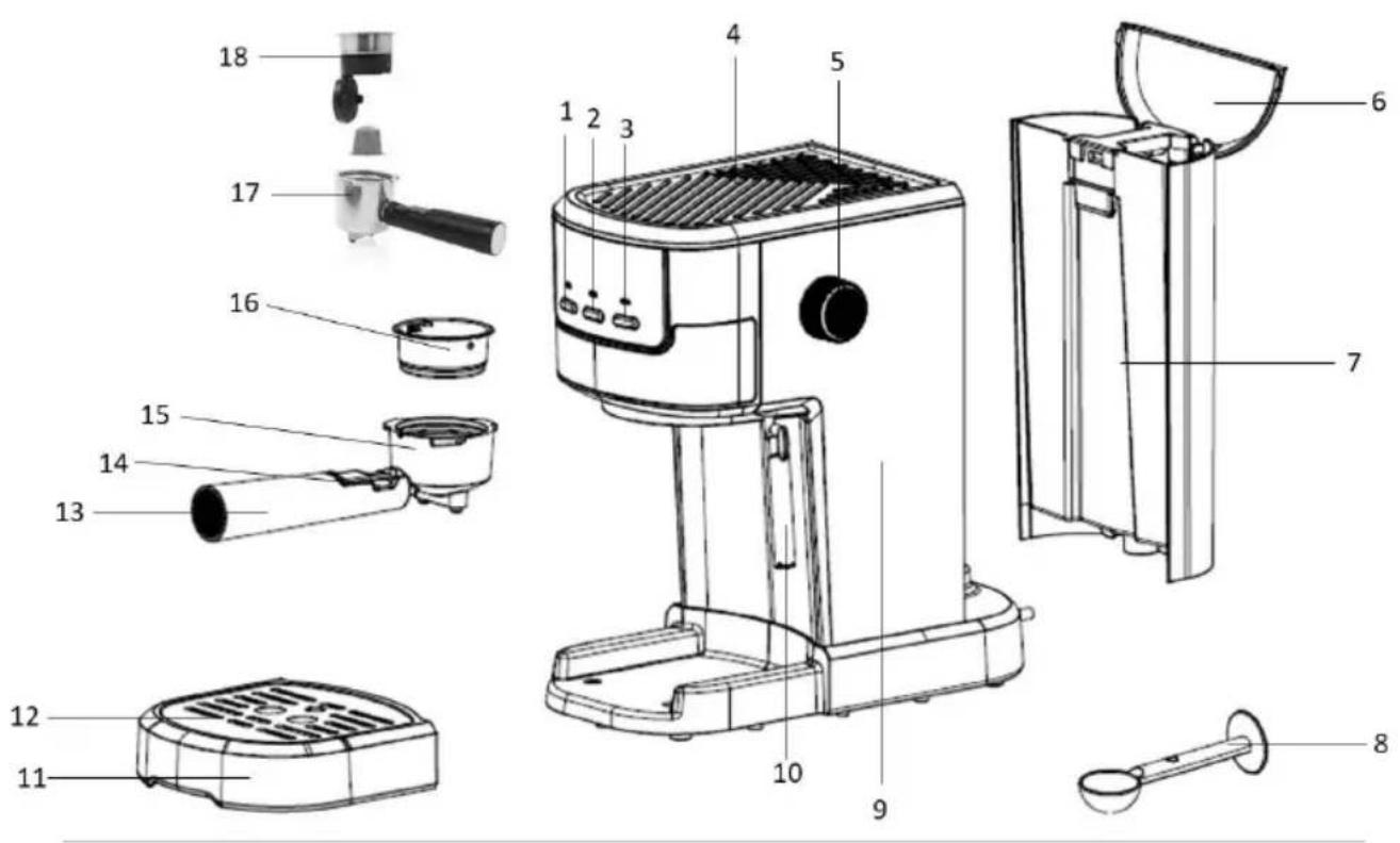 Exploded diagram of a coffee maker with numbered parts for identification