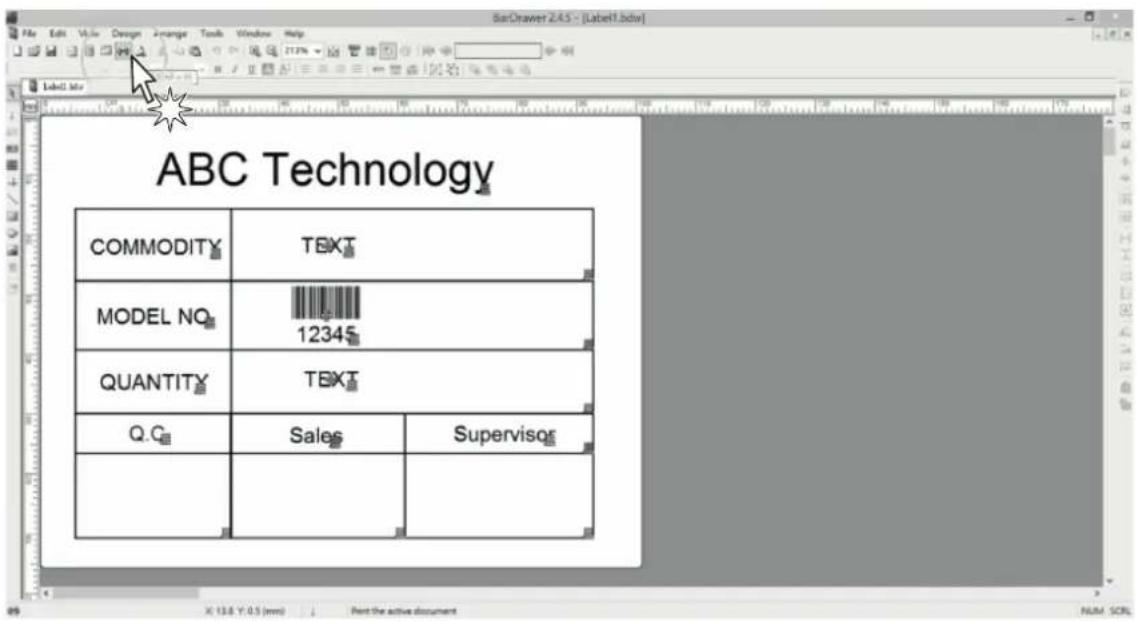 ABC Technology COMMODITY TEXT MODEL NO. 12345 QUANTITY TEXT Q.C Sales Supervisor X: 13.8 Y: 0.5 (mm) Print the active document NUM SCEL