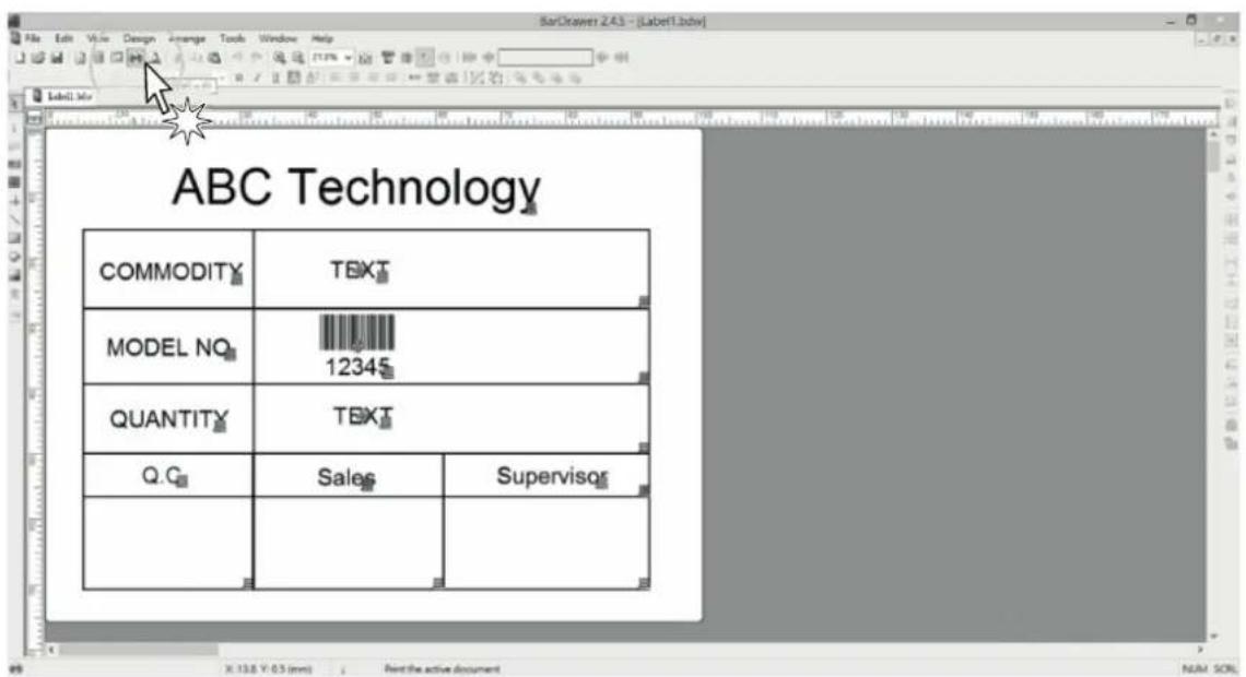 ABC Technology COMMODITY T6XT MODEL NO. 12345 QUANTITY T6XT Q.C Sales Supervisor X: 13.8 Y: 0.5 (mm) Print the active document NUM SOL