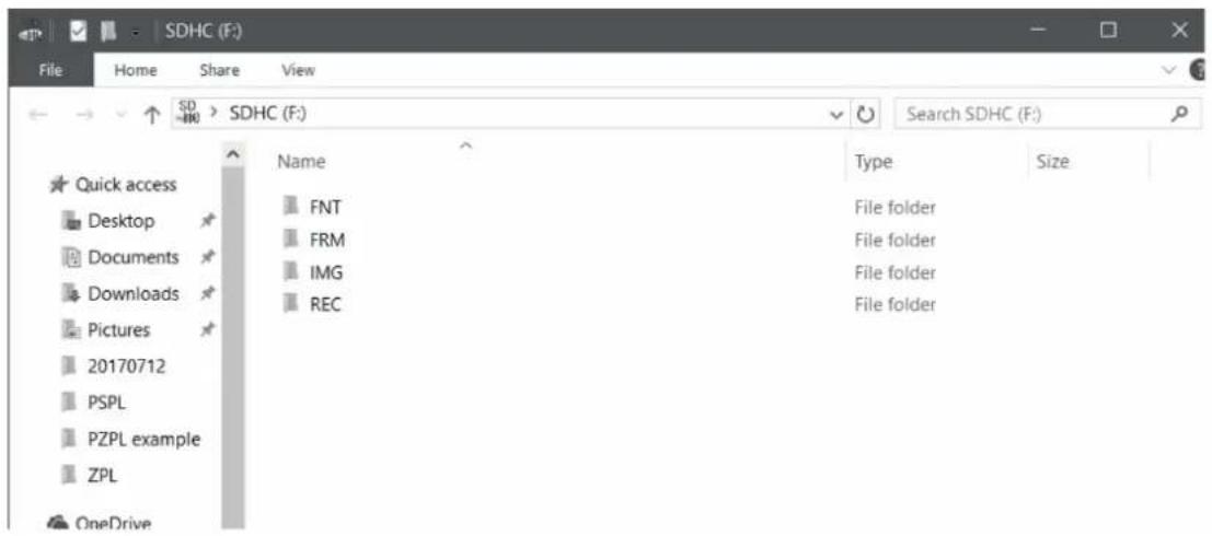 SDHC (F:) File Home Share View SDH0 > SDHC (F:) Search SDHC (F:) Name Type Size Quick access Desktop Documents Downloads Pictures 20170712 PSPL PZPL example ZPL OneDrive FNT FRM IMG REC File folder File folder File folder File folder