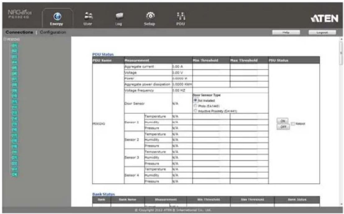 NRGOffice PE43240 Energy User Log Setup PDU Connections | Configuration Help Layout POU Status PDU Name Measurement Min Threshold Max Threshold PDU Status PERIOD Aggregate current 0.00 A Voltage 0.00 V Power 0.0000 V Aggregate power dissipation 0.0000 KWH Voltage frequency 0.00 Hz Door Sensor N/A Door Sensor Type Not installed Photo (EA1461) Intuitive Proximity (EA1441) Sensor 1 Temperature N/A Humidity N/A Pressure N/A Sensor 2 Temperature N/A Humidity N/A Pressure N/A Sensor 3 Temperature N/A Humidity N/A Pressure N/A Sensor 4 Temperature N/A Humidity N/A Pressure N/A Bank Status Bank Name Measurement Min Threshold Max Threshold Bank Status