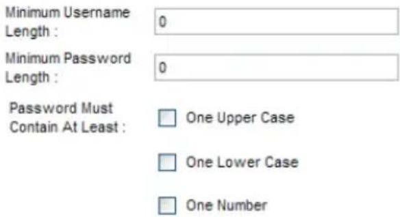 Minimum Username Length : 0 Minimum Password Length : 0 Password Must Contain At Least : □ One Upper Case □ One Lower Case □ One Number