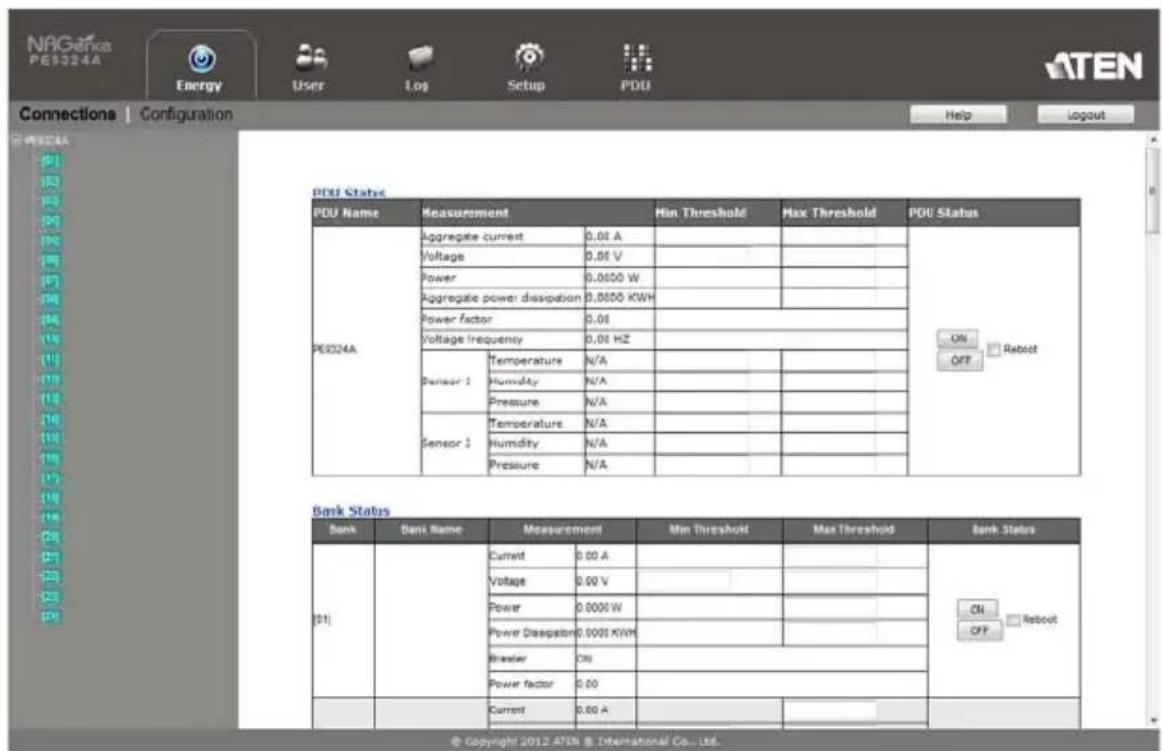 PE9324A Energy User Log Setup PDU Connections | Configuration Help Logout PDU Status PDU Name Measurement Min Threshold Max Threshold PDU Status PE9324A Aggregate current 0.01 A Voltage 0.01 V Power 0.0600 W Aggregate power dissipation 0.0600 KWH Power factor 0.01 Voltage frequency 0.01 Hz Sensor 1 Temperature N/A Humidity N/A Pressure N/A Sensor 2 Temperature N/A Humidity N/A Pressure N/A Bank Status Bank Bank Name Measurement Min Threshold Max Threshold Bank Status [01] Current 0.00 A Voltage 0.00 V Power 0.0001 W Power Dissipation 0.0001 KWH Stresser ON Power factor 0.00 Current 0.00 A © Copyright 2012 ATEN @ International Co., Ltd. ON □ Reboot OFF □ Reboot