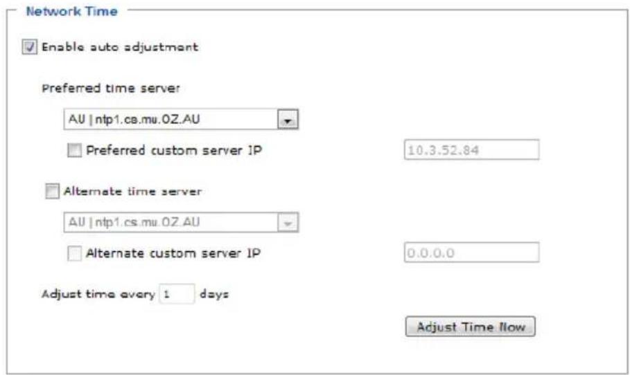Network Time Enable auto adjustment Preferred time server AU | ntp1.cs.mu.0Z.AU Preferred custom server IP 10.3.52.84 Alternate time server AU | ntp1.cs.mu.0Z.AU Alternate custom server IP 0.0.0.0 Adjust time every 1 days Adjust Time Now