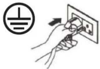 Diagram showing a hand inserting a plug into an electrical outlet, with a symbol indicating the electrical symbol.