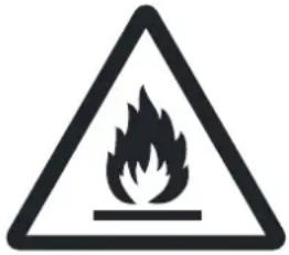 Warning sign depicting a flame symbol in a triangular shape, indicating hazard or caution.