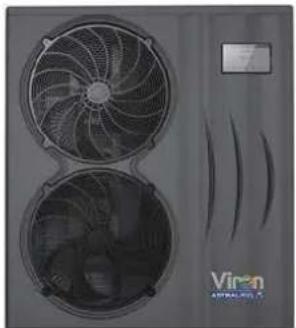 Exterior view of a dual-panel air conditioner unit with fan blades and ventilation ducts (no text or symbols visible)