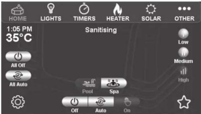 HOME LIGHTS TIMERS HEATER SOLAR OTHER 1:05 PM 35°C Sanitising Low Medium High All Off All Auto Pool Spa Off Auto On