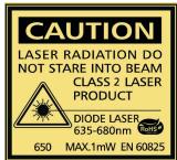 CAUTION LASER RADIATION DO NOT STARE INTO BEAM CLASS 2 LASER PRODUCT DIODE LASER 635-680nm 650 MAX.1mW EN 60825