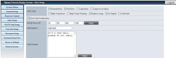 OPTOMA EX685UTis - Configuration des alertes - 1