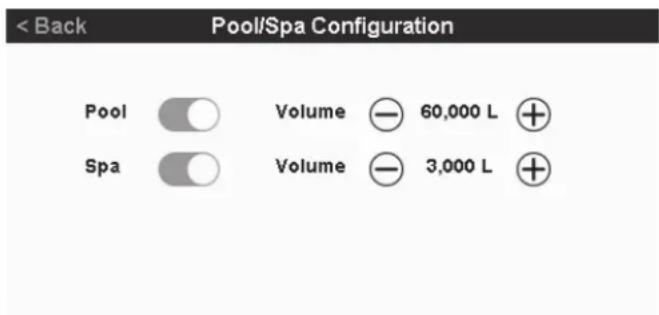 < Back Pool/Spa Configuration Pool Volume 60,000 L Spa Volume 3,000 L