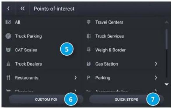 Points-of-interest All Travel Centers Truck Parking Truck Services CAT Scales Weigh & Border Truck Dealers Gas Station Restaurants P Parking Custom POI 6 QUICK STOPS 7