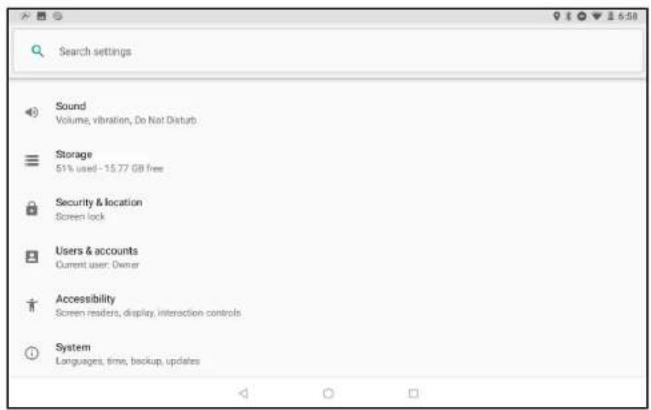 Search settings Sound Volume, vibration, Do Not Disturb Storage 51% used - 15.77 GB free Security & location Screen lock Users & accounts Current user: Owner Accessibility Screen readers, display, interaction controls System Languages, time, backup, updates