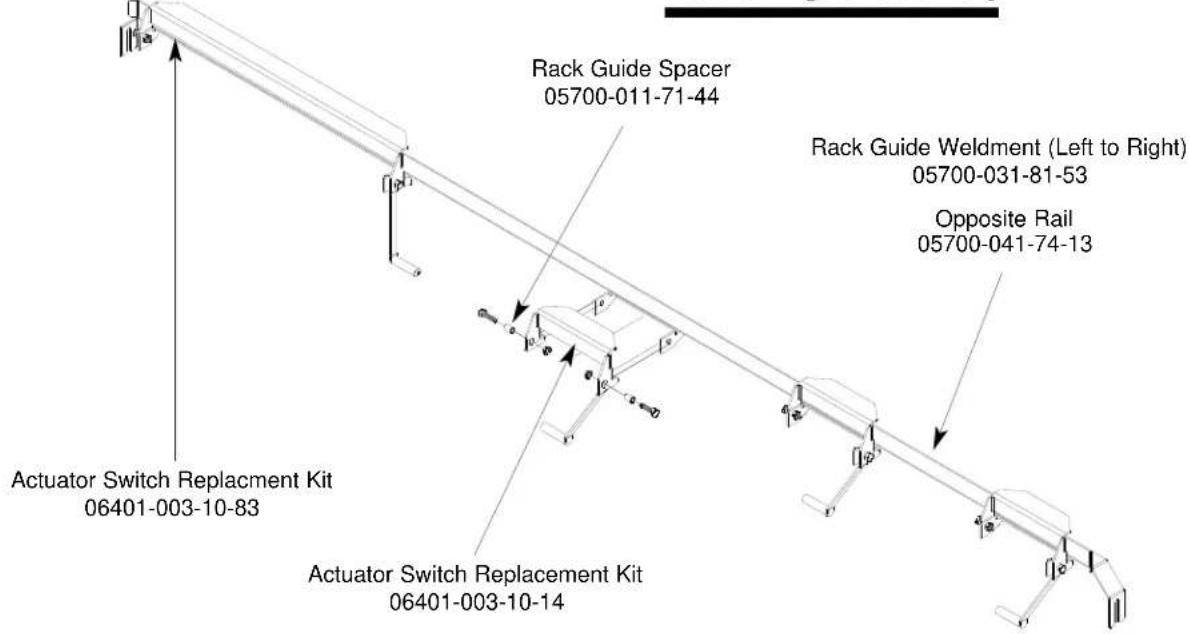 Rack Guide Spacer 05700-011-71-44 Rack Guide Weldment (Left to Right) 05700-031-81-53 Opposite Rail 05700-041-74-13 Actuator Switch Replacement Kit 06401-003-10-83 Actuator Switch Replacement Kit 06401-003-10-14