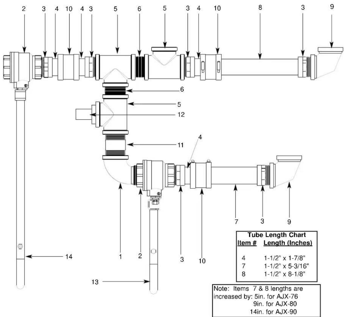 2 3 4 10 4 3 5 6 5 3 4 10 8 3 9 Tube Length Chart Item # Length (Inches) 4 1-1/2" x 1-7/8" 7 1-1/2" x 5-3/16" 8 1-1/2" x 8-1/8" Note: Items 7 & 8 lengths are increased by: 5in. for AJX-76 9in. for AJX-80 14in. for AJX-90