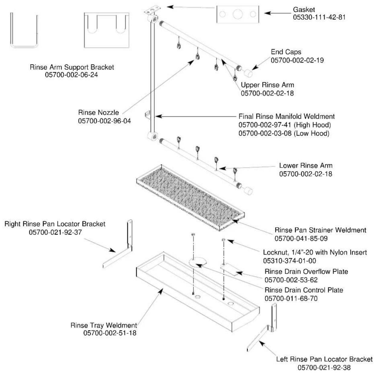 Gasket 05330-111-42-81 End Caps 05700-002-02-19 Upper Rinse Arm 05700-002-02-18 Rinse Arm Support Bracket 05700-002-06-24 Rinse Nozzle 05700-002-96-04 Final Rinse Manifold Weldment 05700-002-97-41 (High Hood) 05700-002-03-08 (Low Hood) Lower Rinse Arm 05700-002-02-18 Right Rinse Pan Locator Bracket 05700-021-92-37 Rinse Pan Strainer Weldment 05700-041-85-09 Locknut, 1/4"-20 with Nylon Insert 05310-374-01-00 Rinse Drain Overflow Plate 05700-002-53-62 Rinse Drain Control Plate 05700-011-68-70 Rinse Tray Weldment 05700-002-51-18 Left Rinse Pan Locator Bracket 05700-021-92-38