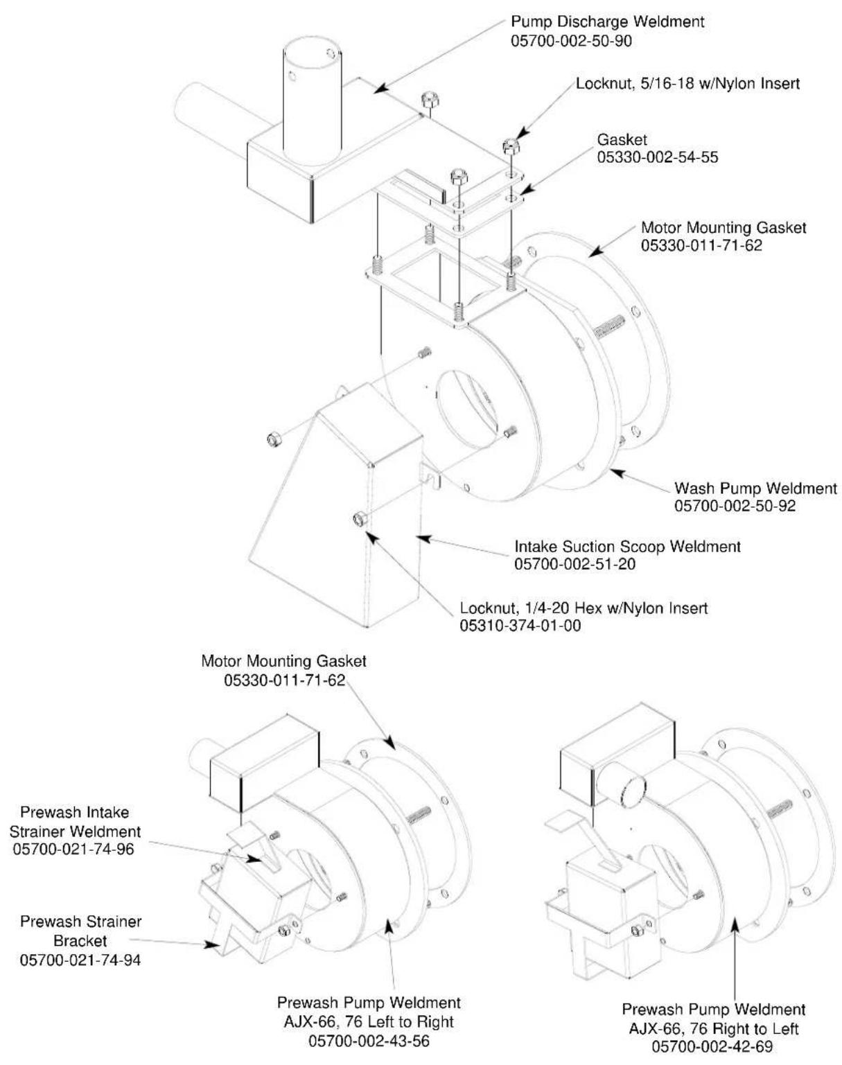 Pump Discharge Weldment 05700-002-50-90 Locknut, 5/16-18 w/Nylon Insert Gasket 05330-002-54-55 Motor Mounting Gasket 05330-011-71-62 Wash Pump Weldment 05700-002-50-92 Intake Suction Scoop Weldment 05700-002-51-20 Locknut, 1/4-20 Hex w/Nylon Insert 05310-374-01-00 Motor Mounting Gasket 05330-011-71-62 Prewash Intake Strainer Weldment 05700-021-74-96 Prewash Strainer Bracket 05700-021-74-94 Prewash Pump Weldment AJX-66, 76 Left to Right 05700-002-43-56 Prewash Pump Weldment AJX-66, 76 Right to Left 05700-002-42-69