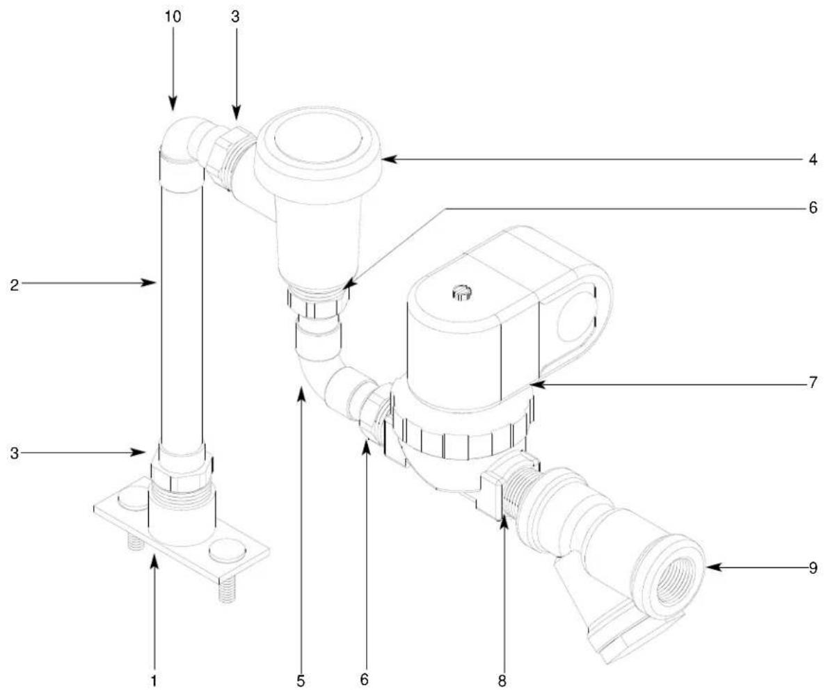 Technical diagram of a piping system with numbered components and directional arrows indicating flow or assembly.