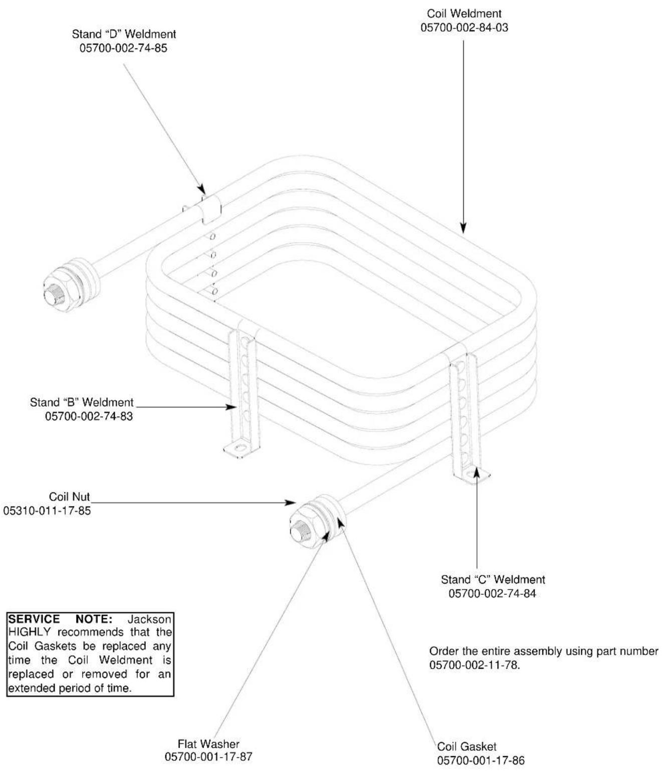 Stand "D" Weldment 05700-002-74-85 Coil Weldment 05700-002-84-03 Stand "B" Weldment 05700-002-74-83 Coil Nut 05310-011-17-85 Stand "C" Weldment 05700-002-74-84 Order the entire assembly using part number 05700-002-11-78. Flat Washer 05700-001-17-87 Coil Gasket 05700-001-17-86 SERVICE NOTE: Jackson HIGHLY recommends that the Coil Gaskets be replaced any time the Coil Weldment is replaced or removed for an extended period of time.
